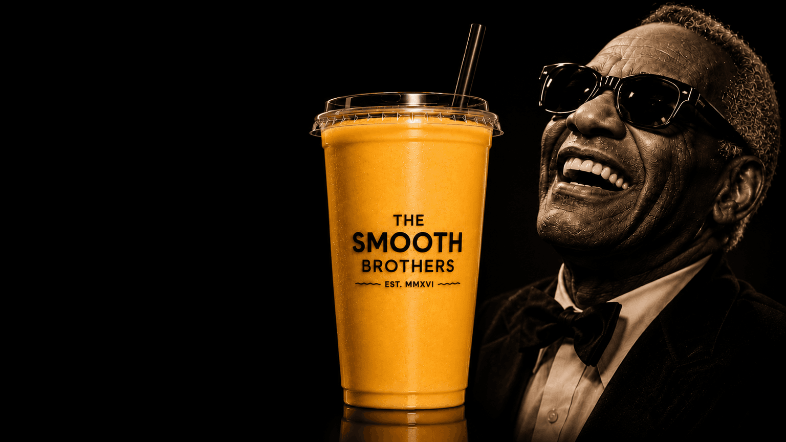 Ray smoothie in a branded The Smooth Brothers cup beside Ray Charles